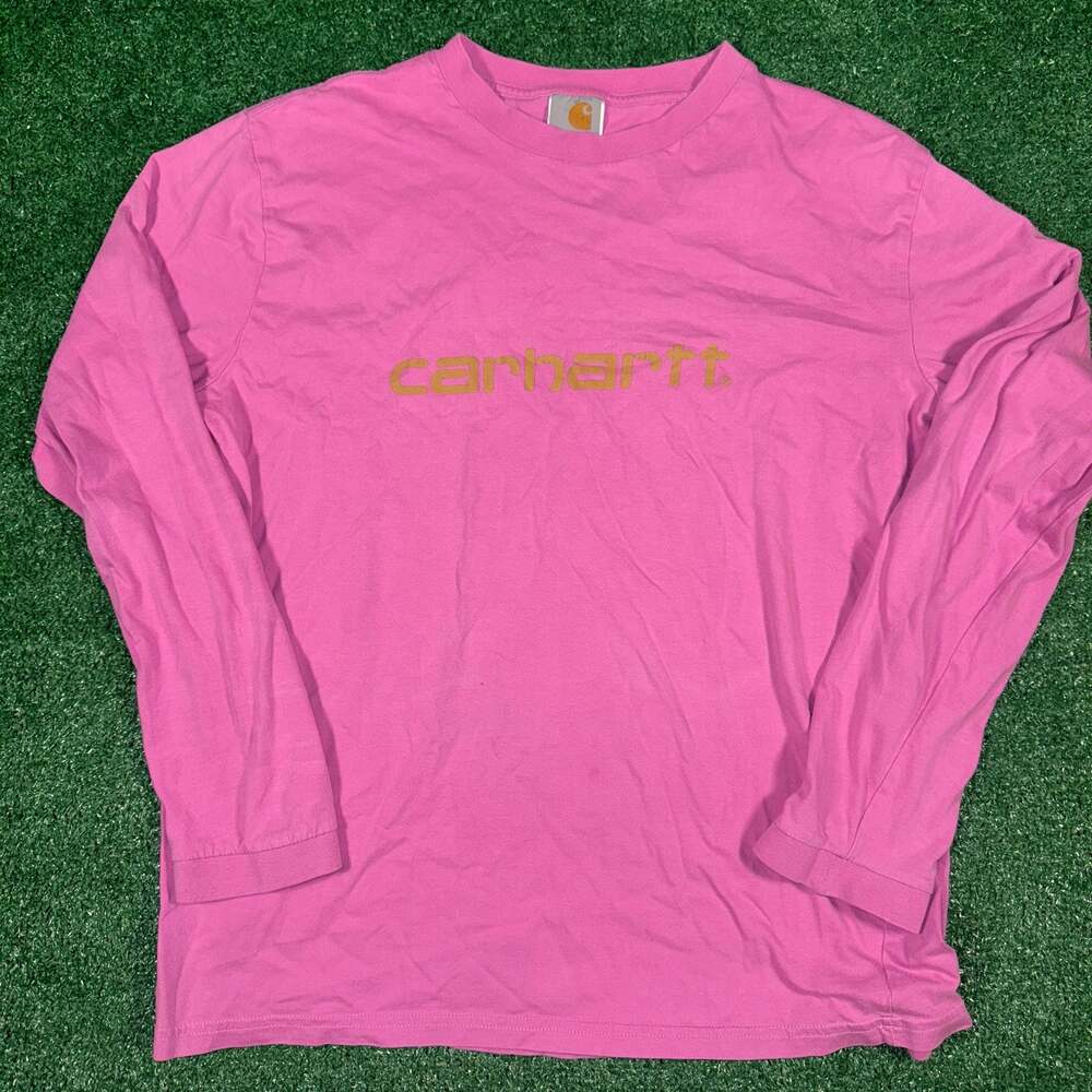 Vintage Carhartt Women's Long Sleeve Graphic Logo T-Shirt in Pink